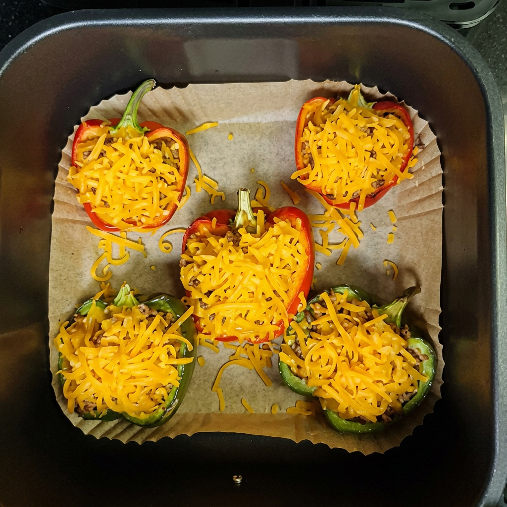 Grated cheddar sprinkled over five stuffed pepper halves in the air fryer basket