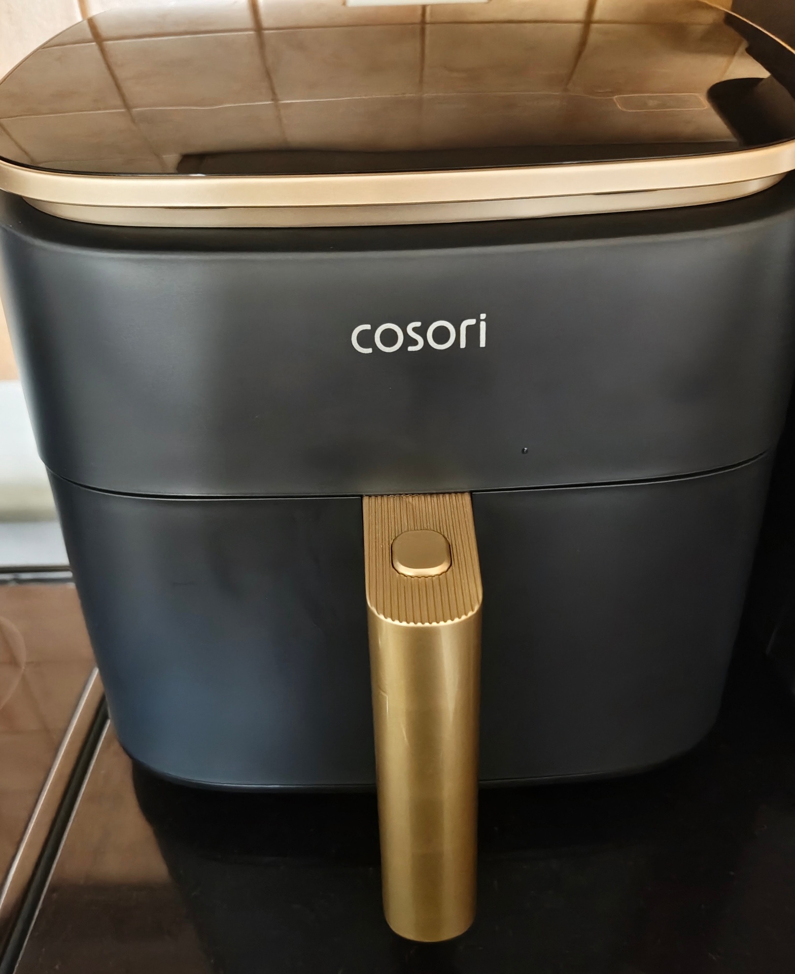 COSORI air fryer with a gold handle in the Lackie Flavors kitchen