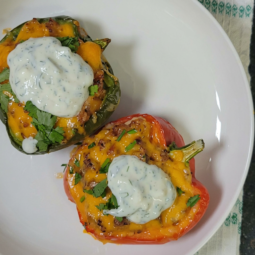 Two stuffed pepper halves with melted cheddar, coriander and a spoonful of sour cream on a white plate