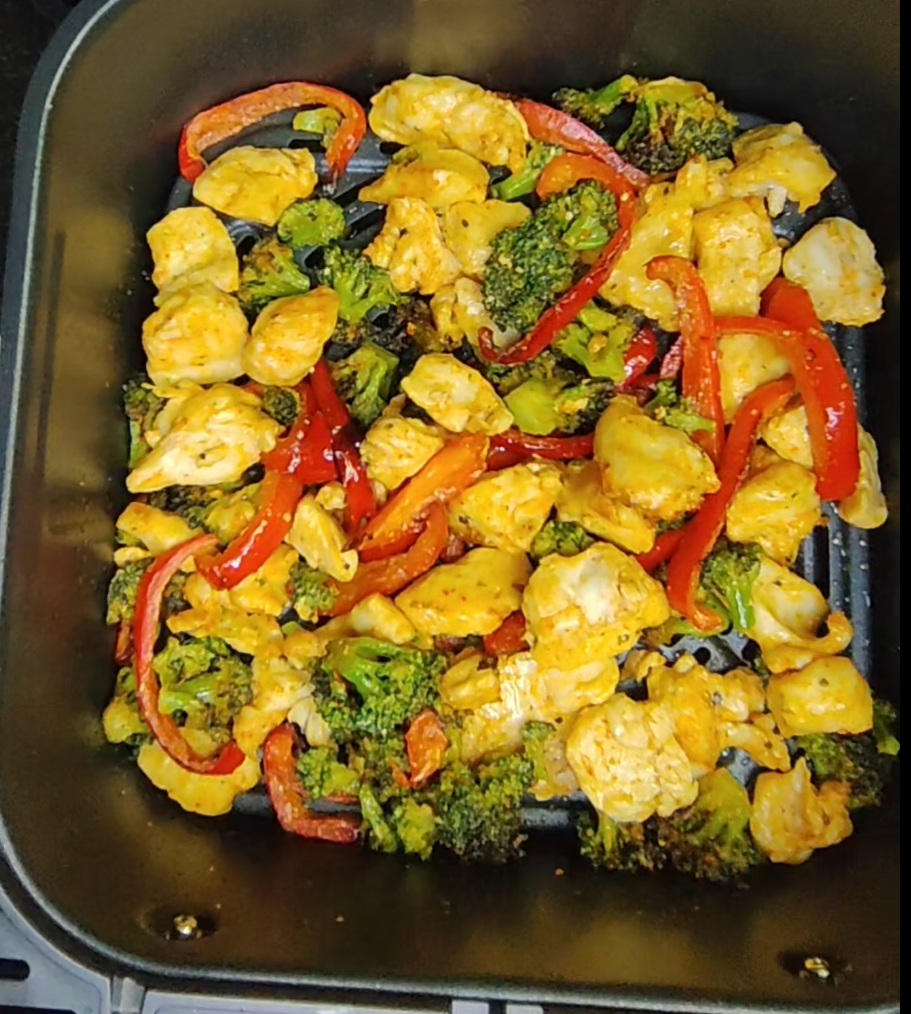 The chicken and vegetables after air frying