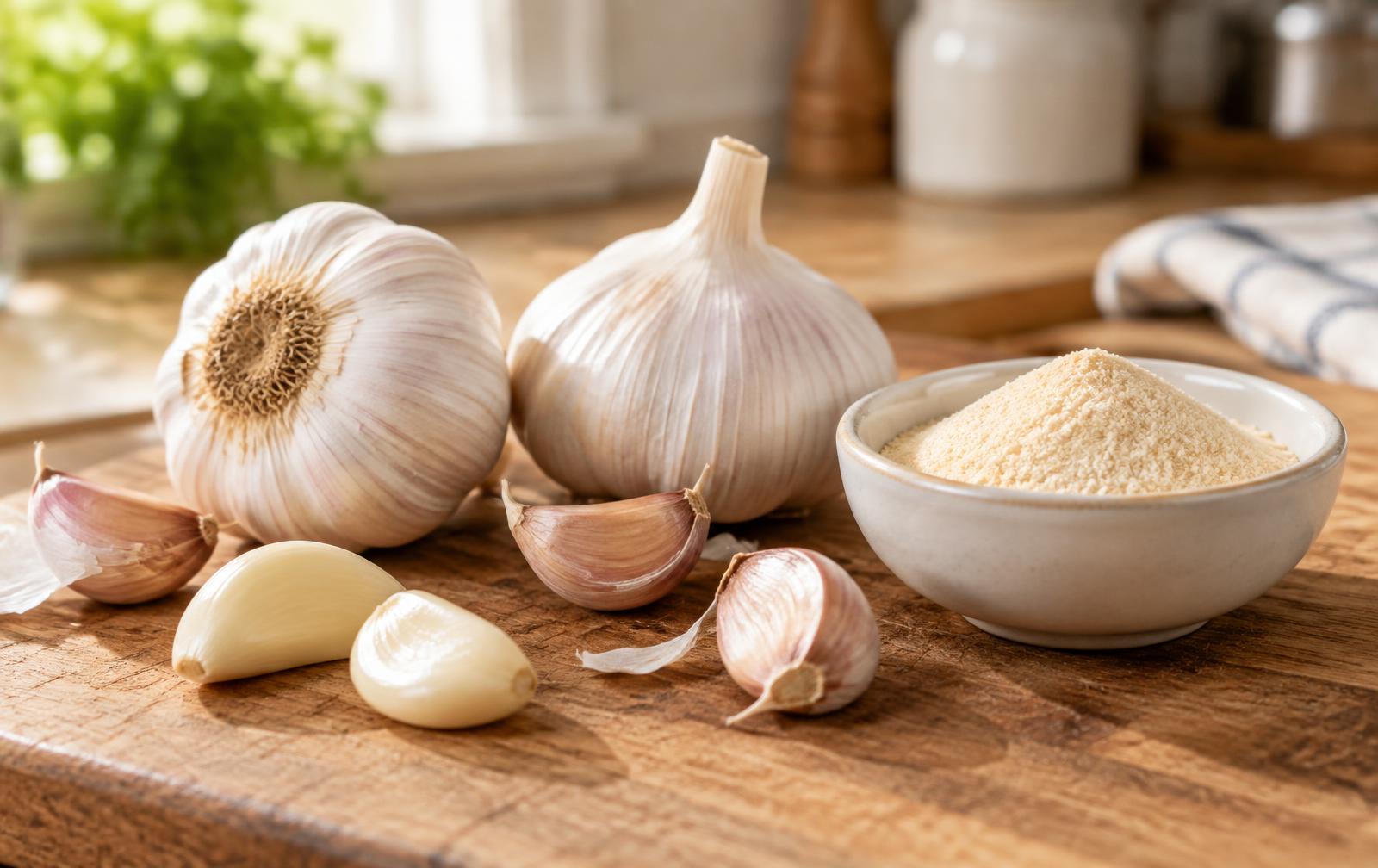 Fresh garlic bulbs, cloves and garlic powder on a wooden chopping board