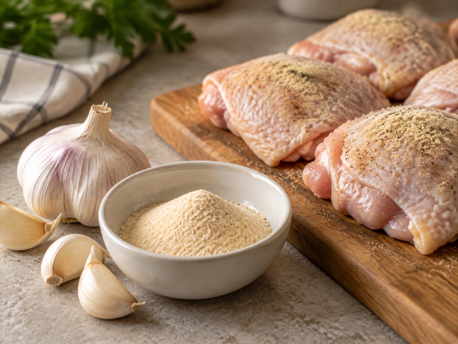 Fresh garlic cloves beside a small bowl of garlic powder