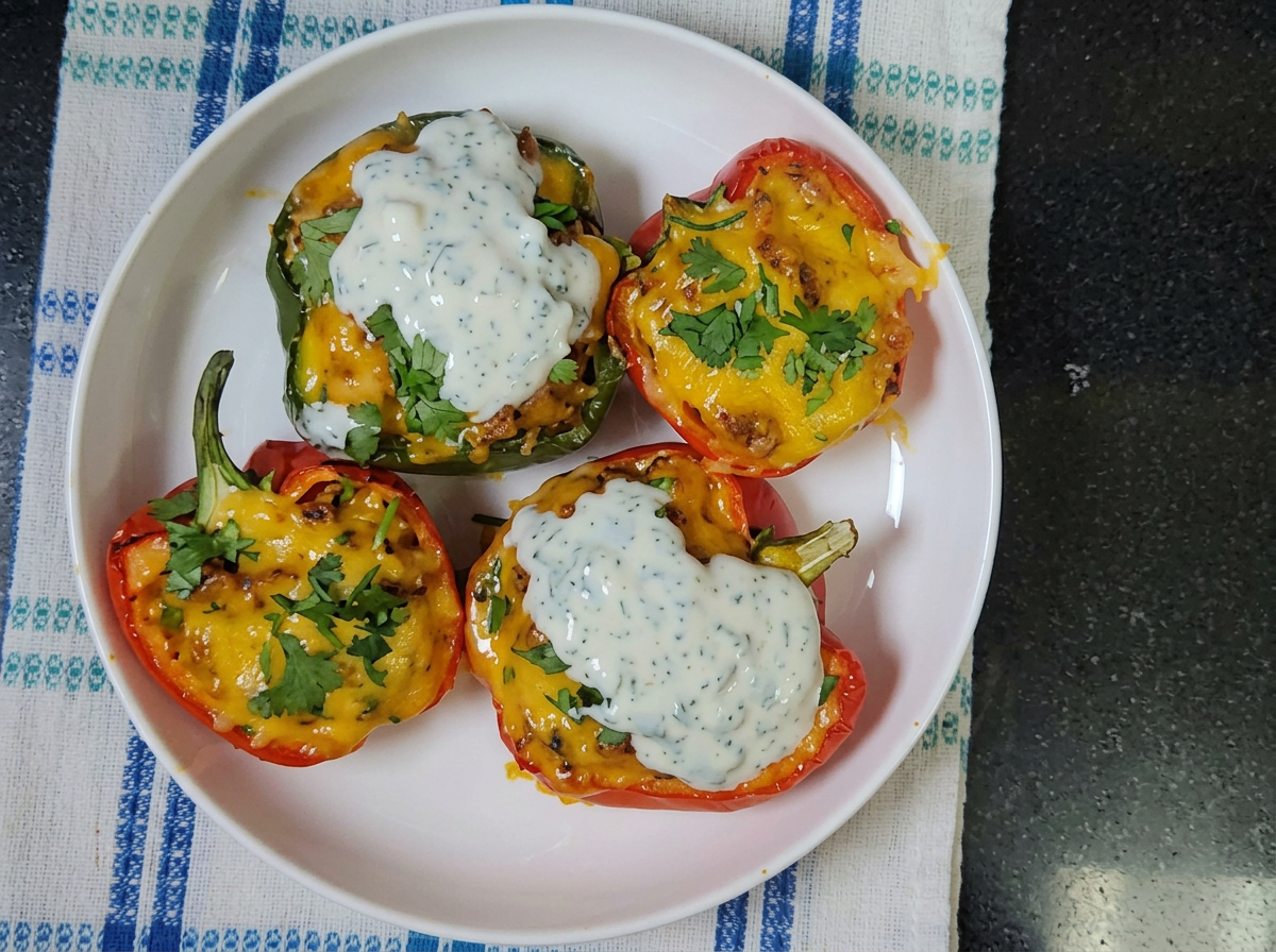 Four chicken and quinoa stuffed pepper halves with melted cheddar and fresh coriander on a white plate, two topped with sour cream