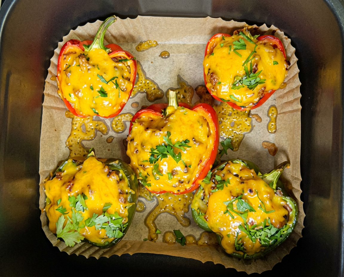 Five stuffed pepper halves with melted cheddar and fresh coriander in the air fryer basket