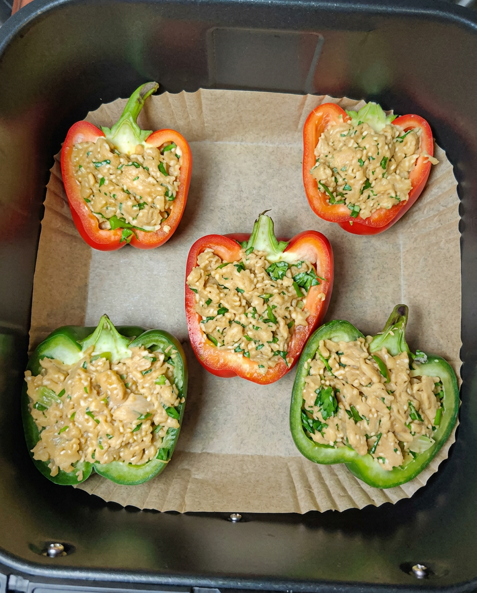Five red and green pepper halves stuffed with chicken and quinoa on a liner in the air fryer basket