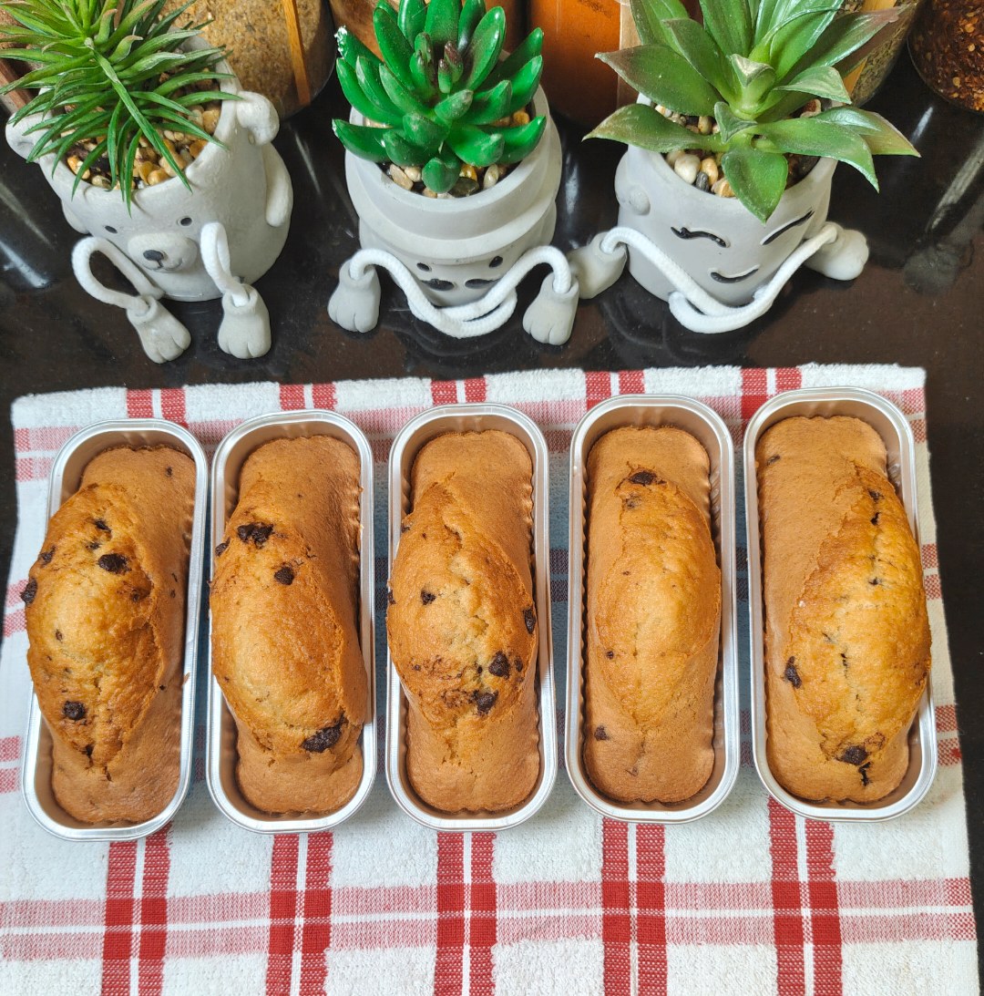 Five baked mini chocolate chip cakes in aluminium loaf tins lined up on a red and white checked tea towel