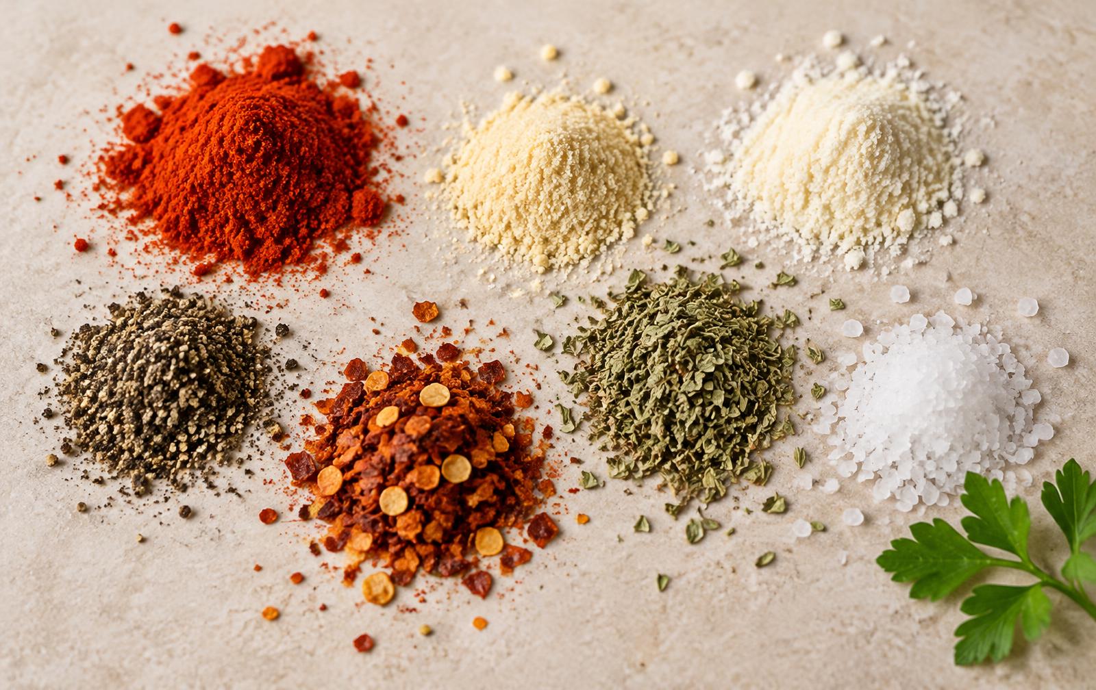 Small mounds of paprika, garlic powder, onion powder, black pepper, chilli flakes, dried mixed herbs and salt on a pale surface, with a sprig of fresh parsley